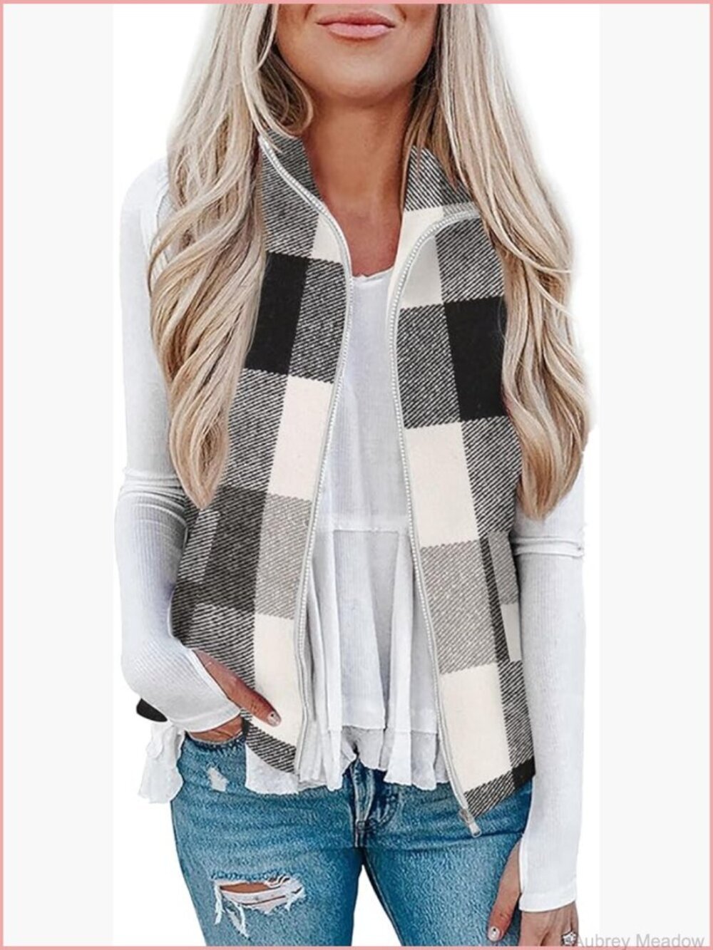 Plaid Sleeveless Zip-Up Vest with Pockets for Women